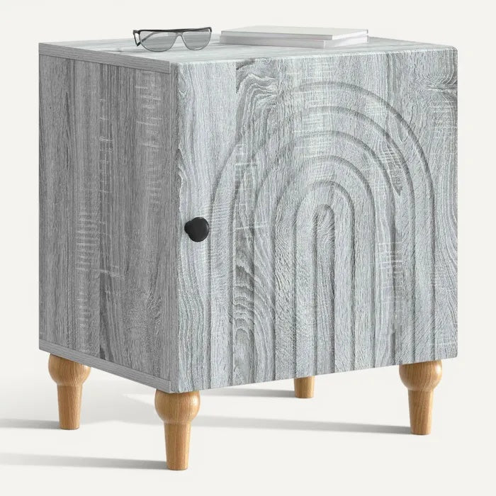**Technische titel in het Nederlands: "Moderne houten kast met ronde gravure en poten"**